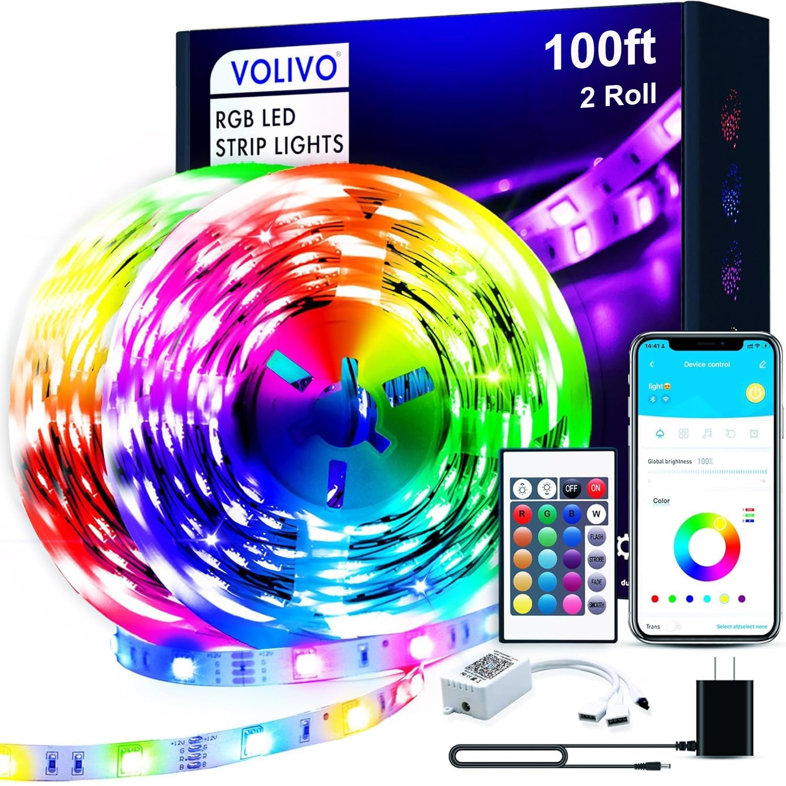 Volivo 100Ft Led Strip Lights For Bedroom Color Changing Led Light Strips Kit