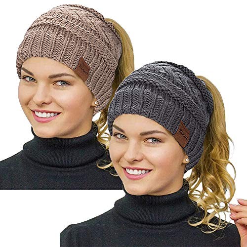 2 Pack Ponytail Beanie for Women,Winter Warm 7 3/4-7 7/8 2pack-grey/Khiki