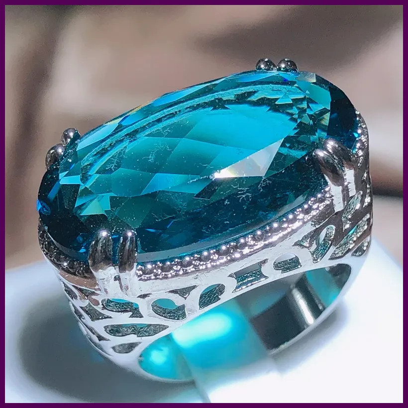 Exaggerated Large Zircon Ring Women 925 Stamp Blue Main Stone Party Birthday