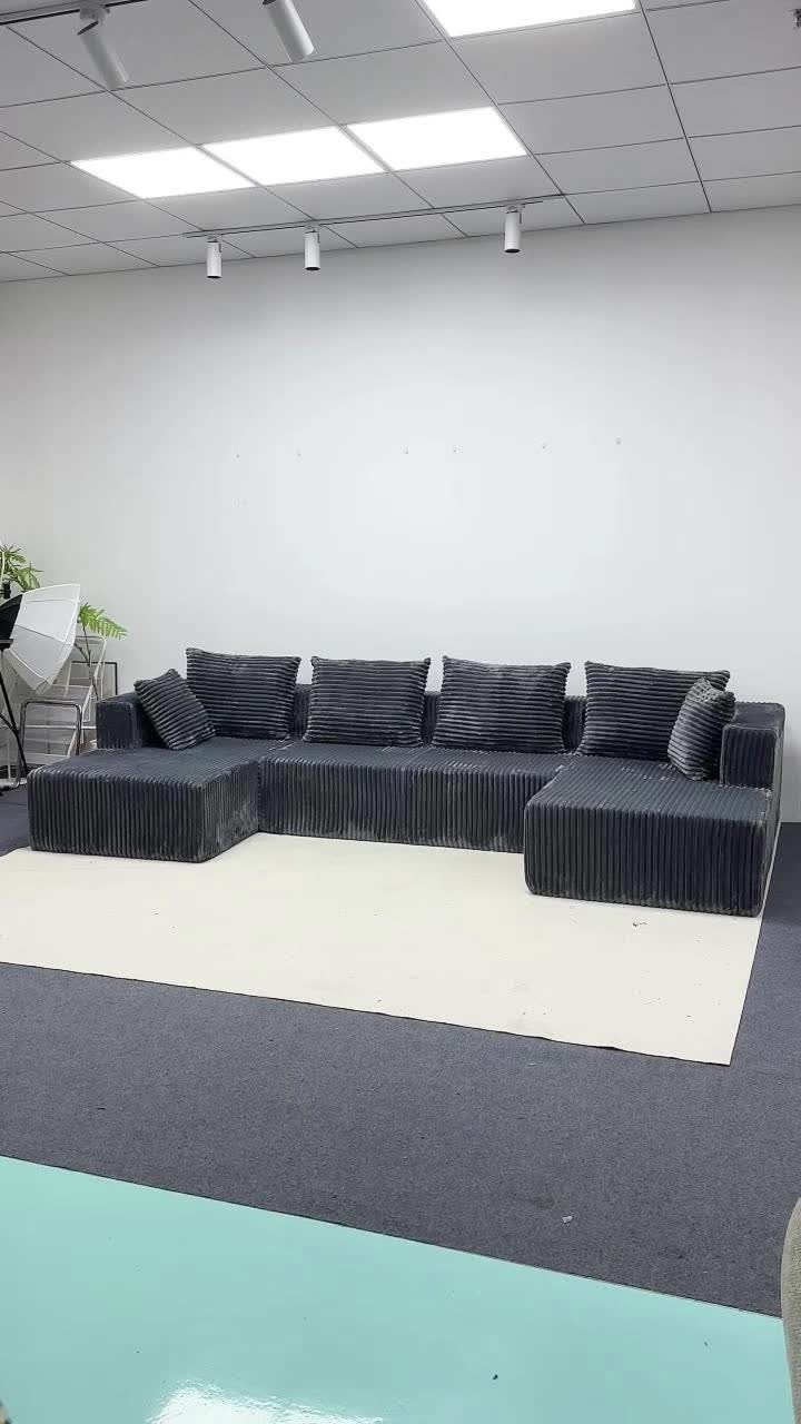 U-Shaped Modular Sectional Sofa, Gray Corduroy, Double Chaise, Deep Seat
