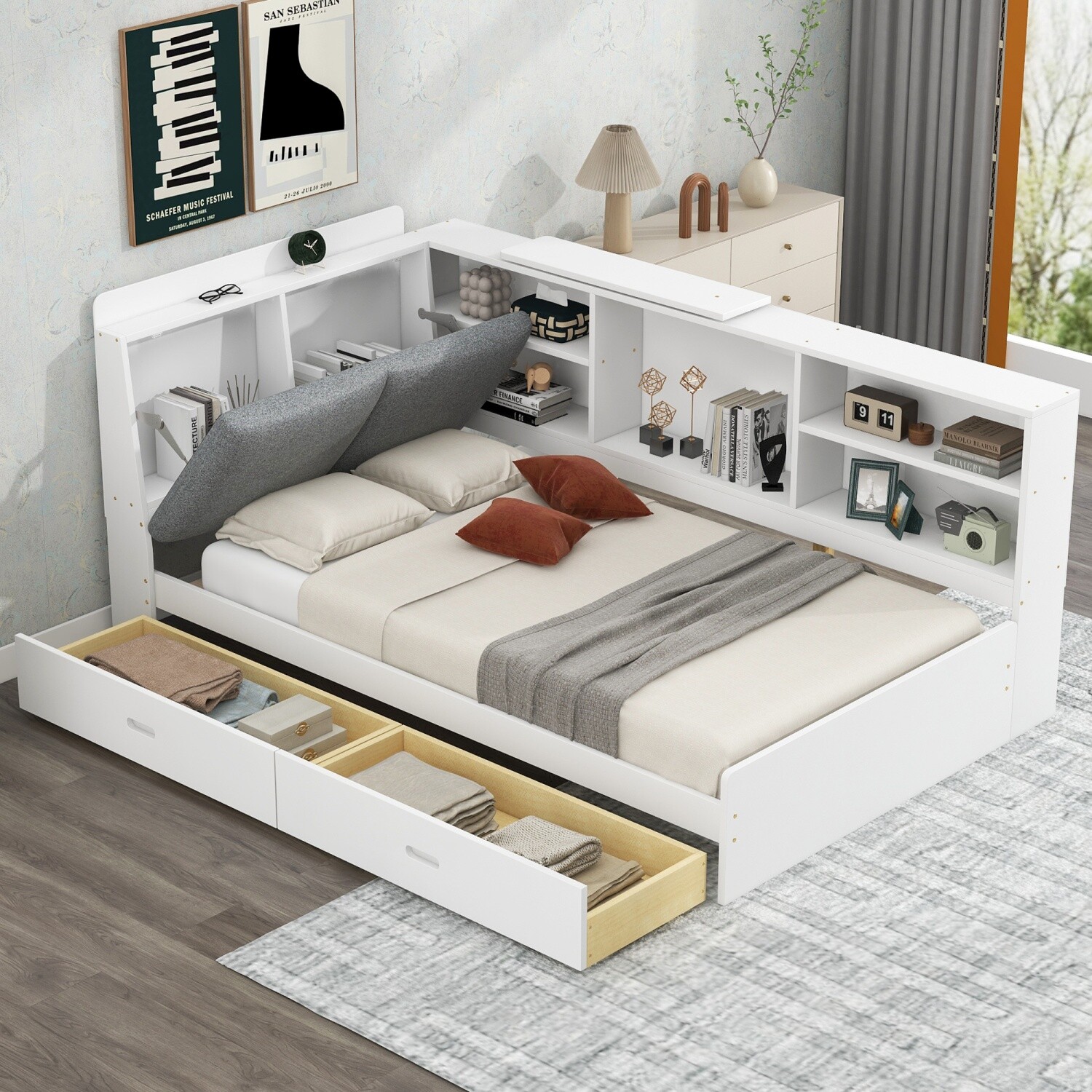 Twin Size Bed Frame Wood Platform Bed w/ 2 Drawers & Storage Headboard & Shelf