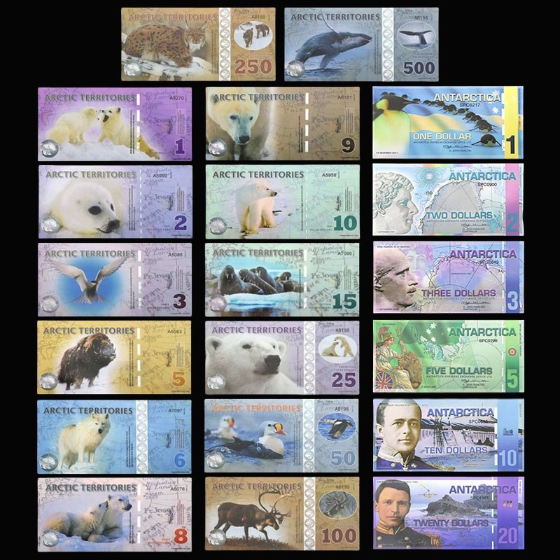 SET Arctic and Antarctica Territories,/20pcs/ $1-500, Polymer, UNC Arctic Animal