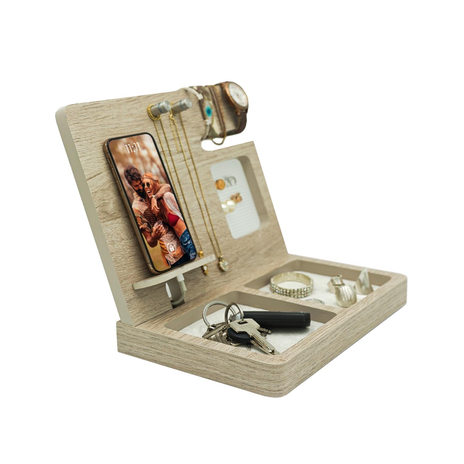 Namore Nightstand Organizer for Women – Wood Phone Docking Station & Jewel