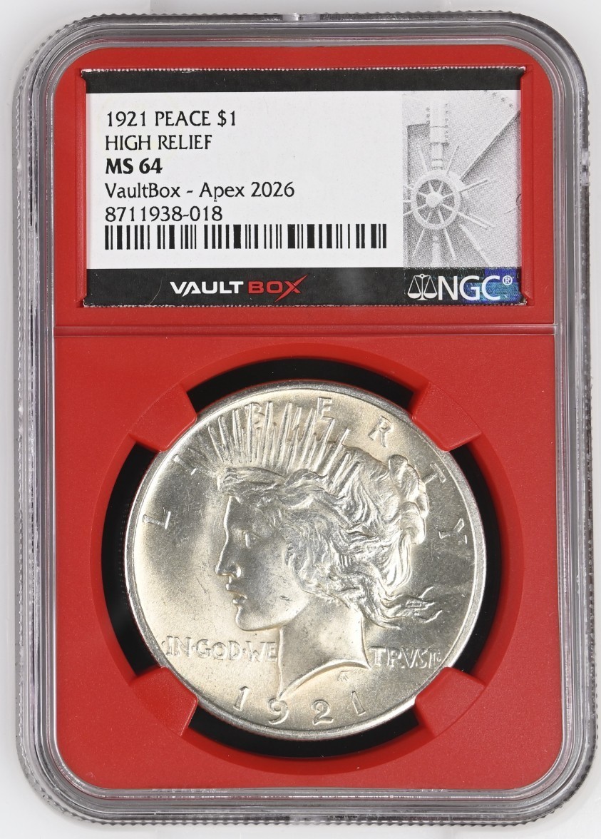 1921 High Relief Peace Dollar $1 NGC MS64 VaultBox Apex