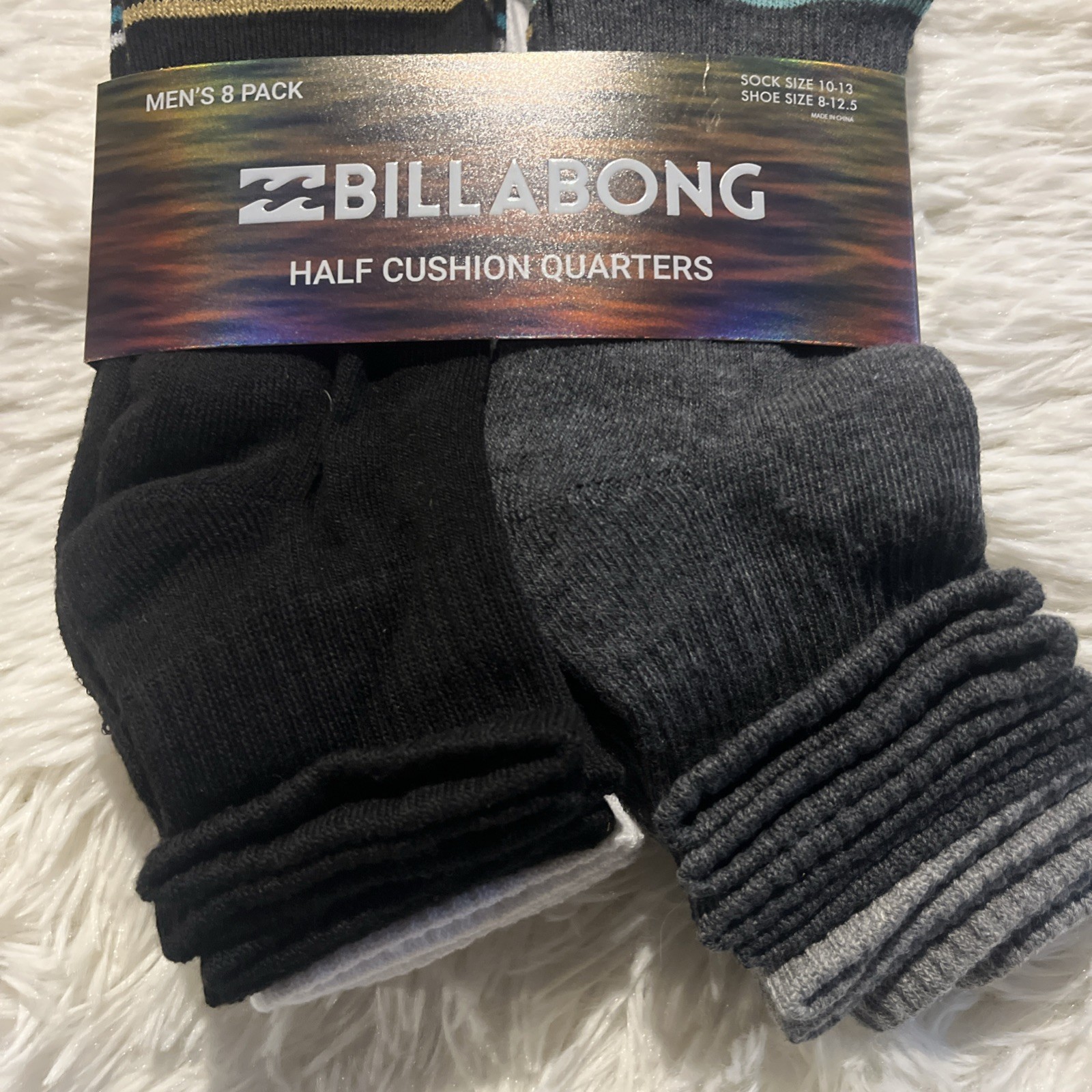 Billabong mens NWT Half Cushion Quarter Socks 8 Pack size 10-13 center logo mult