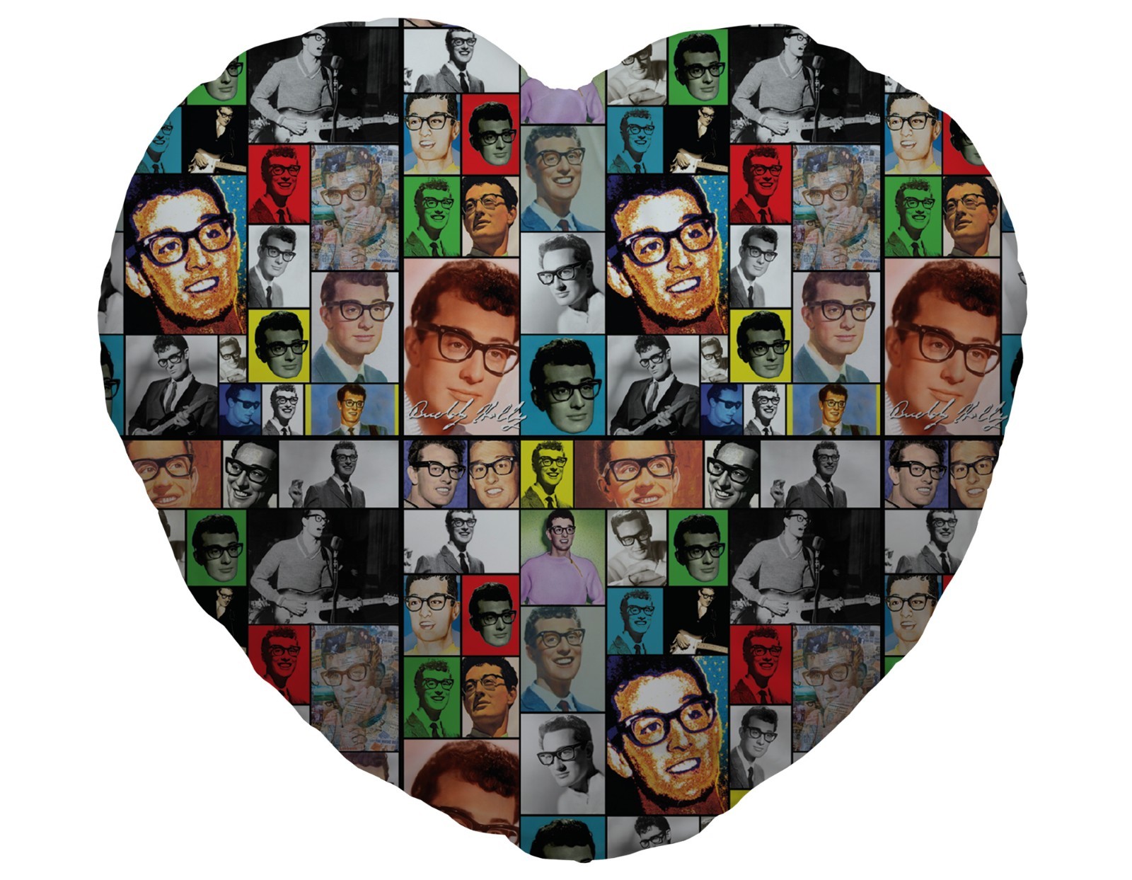 Colour Buddy Holly Fan Montage Design Heart Shaped Cushion Valentines Day