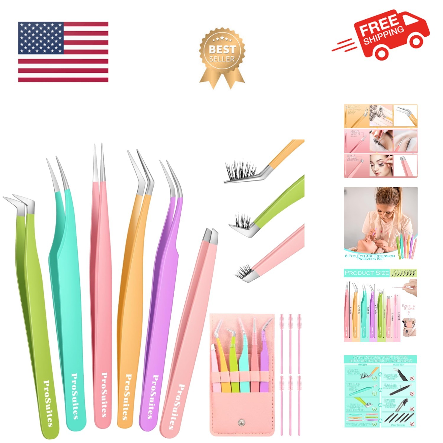 Modern Stainless Steel Eyelash Tweezers - 6pcs Set Perfect for Travel and Gifts