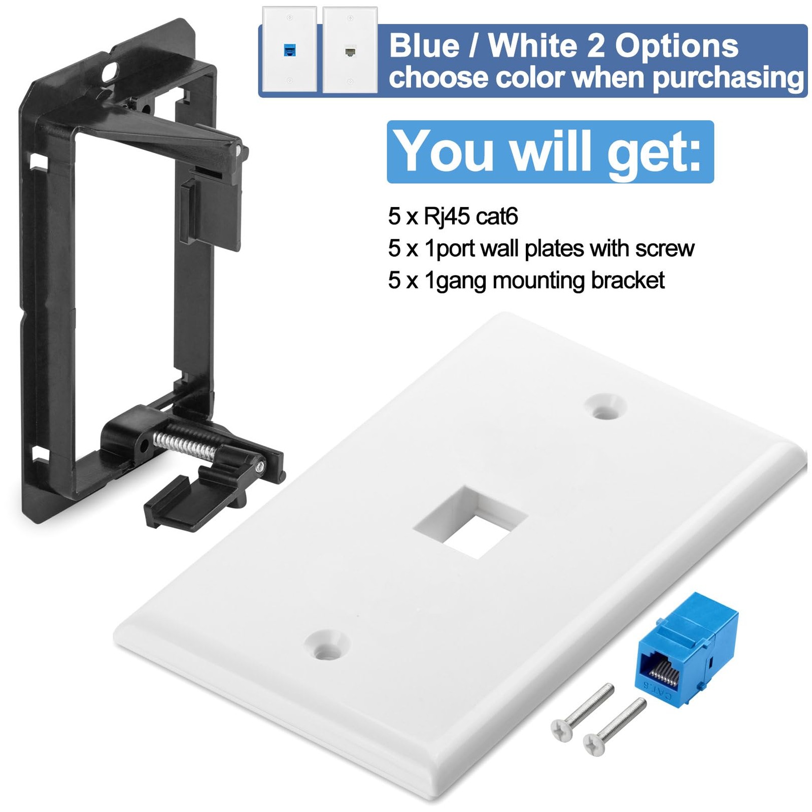 Cat6 Internet Outlet, 5 Keystone Jacks, Low Voltage Mounting Bracket, White