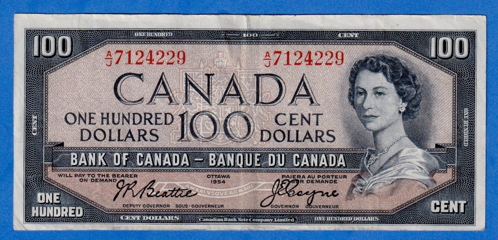 Canada $100 1954 BC-43a / P-82a - QE II - Circulated Note A/J 7124229