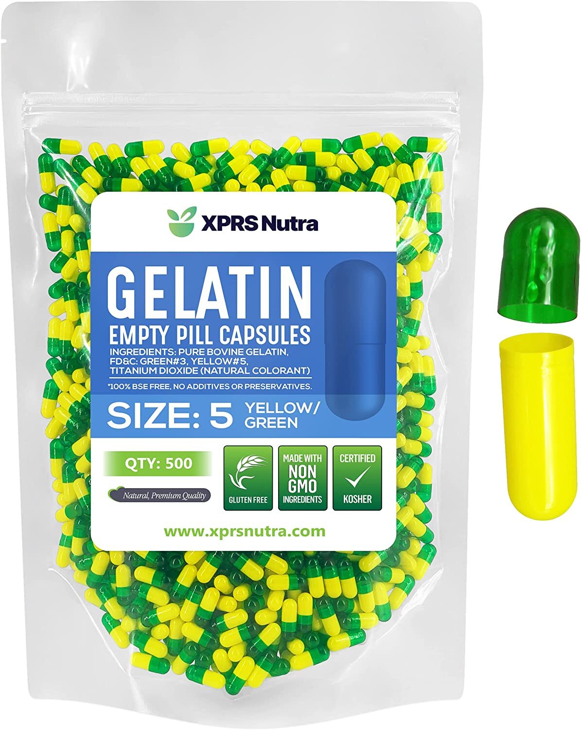 XPRS Nutra Size 5 Green/Yellow Empty Gelatin Capsules Gelcaps Kosher DIY