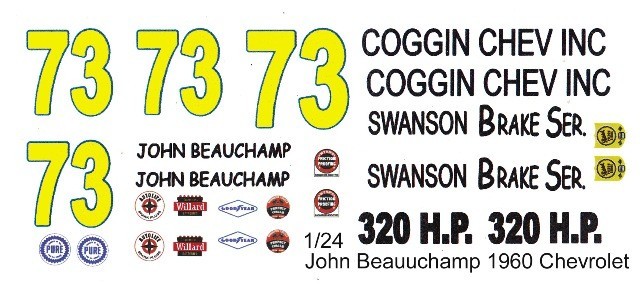 #73 John Beauchamp 1960 Chevrolet 1/25th - 1/24th Scale Waterslide Decals