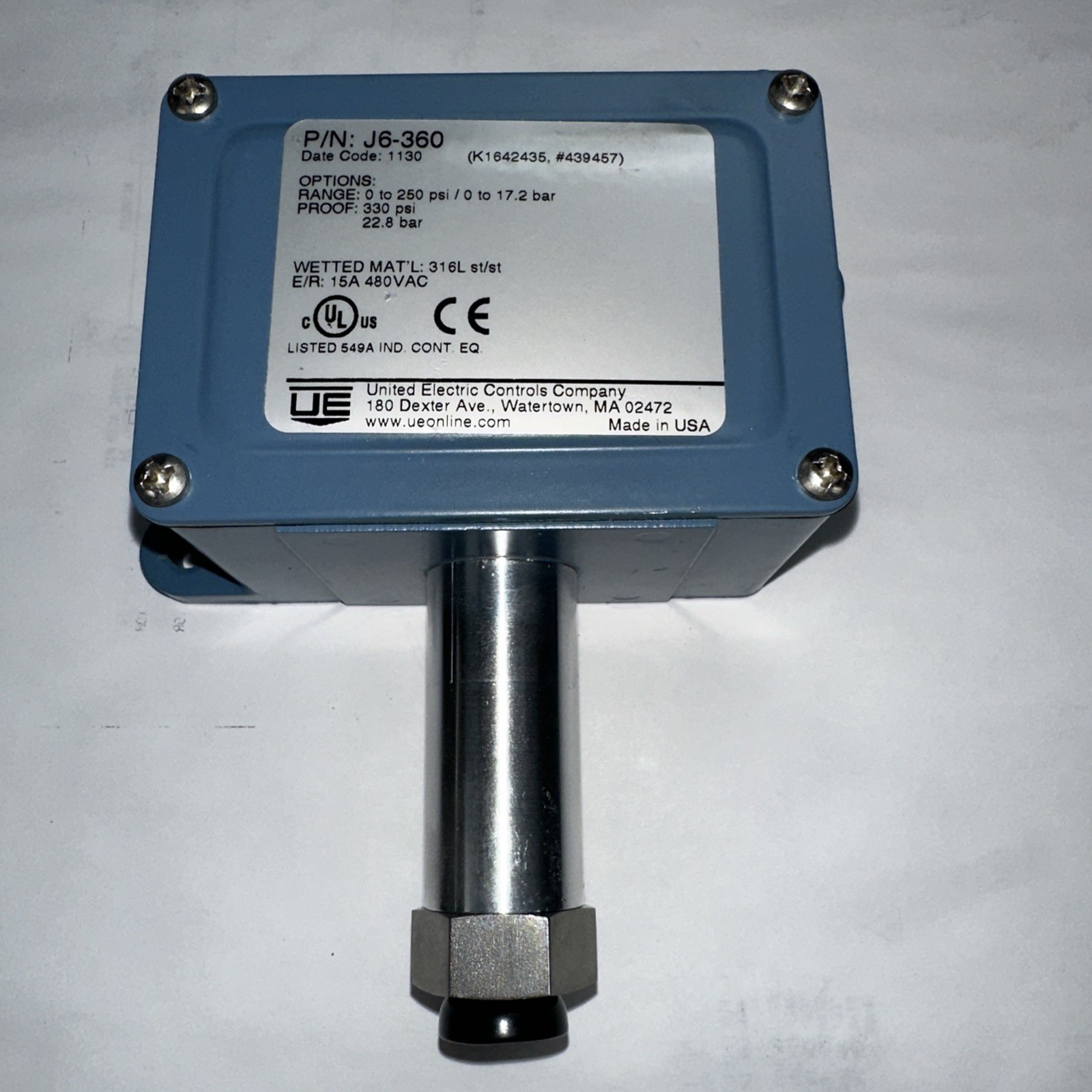 United Electric Controls Type J6-360 Model J6 0-250PSI 480VAC Pressure Switch