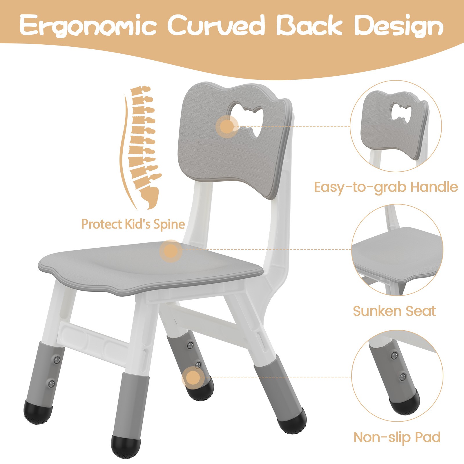 Adjustable Children's Chair W/3 Height Levels, Durable Plastic Seat For Ages 2-8