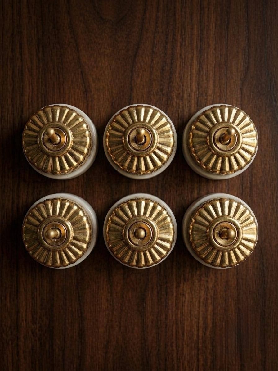 Vintage Fluted Brass Push Button Light Switches Sunburst Dome Switch Set of 6