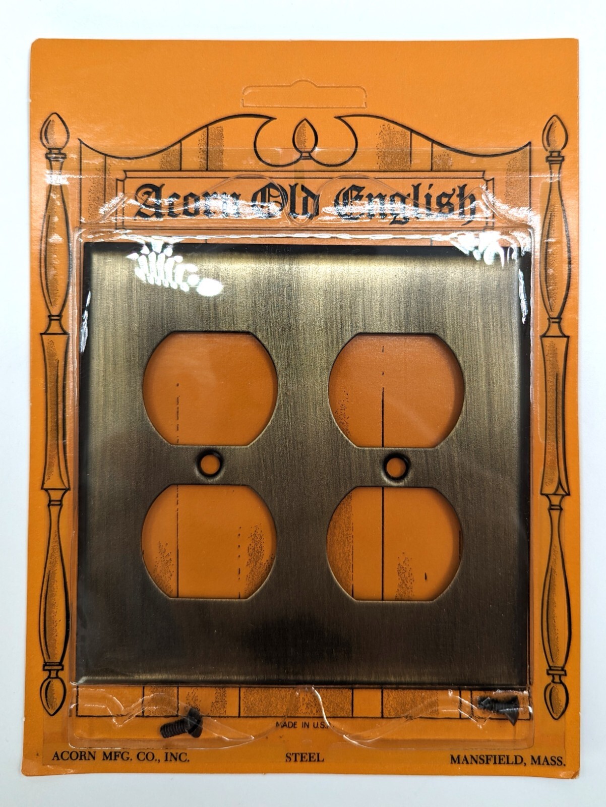 NOS! MCM Vintage Steel Double Outlet Receptacle Wall Plate Cover, ‘Old English’