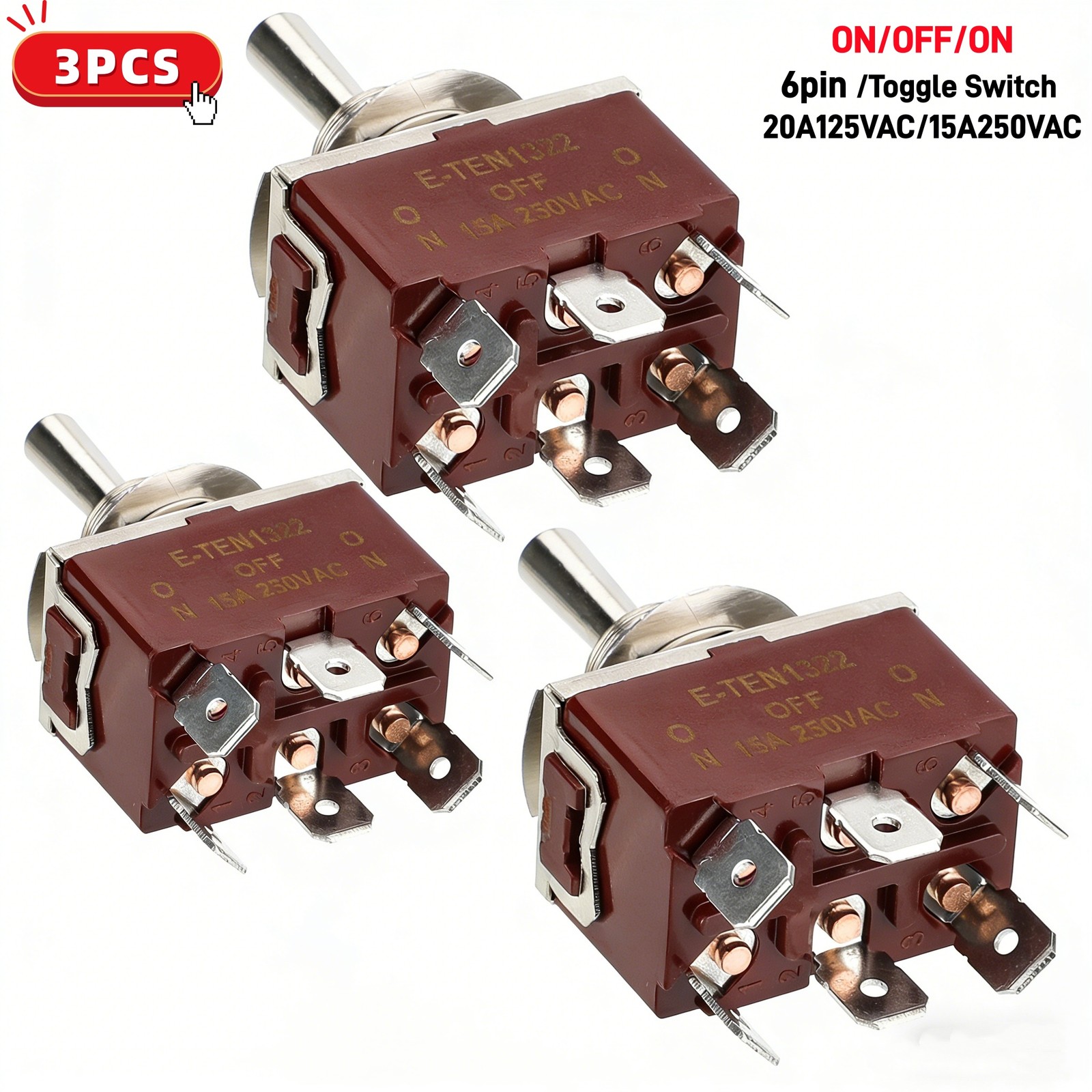 3X Heavy Duty DPDT ON/OFF/ON Toggle Switch 20A 125V/15A 250V Screw Terminals