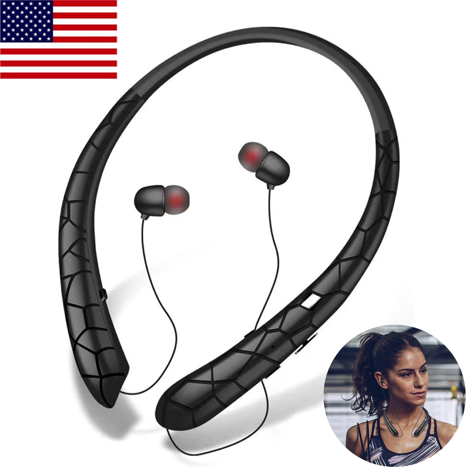 Sweatproof Bluetooth 5.0 Neckband Headset Earbuds Wireless Retractable Headphone