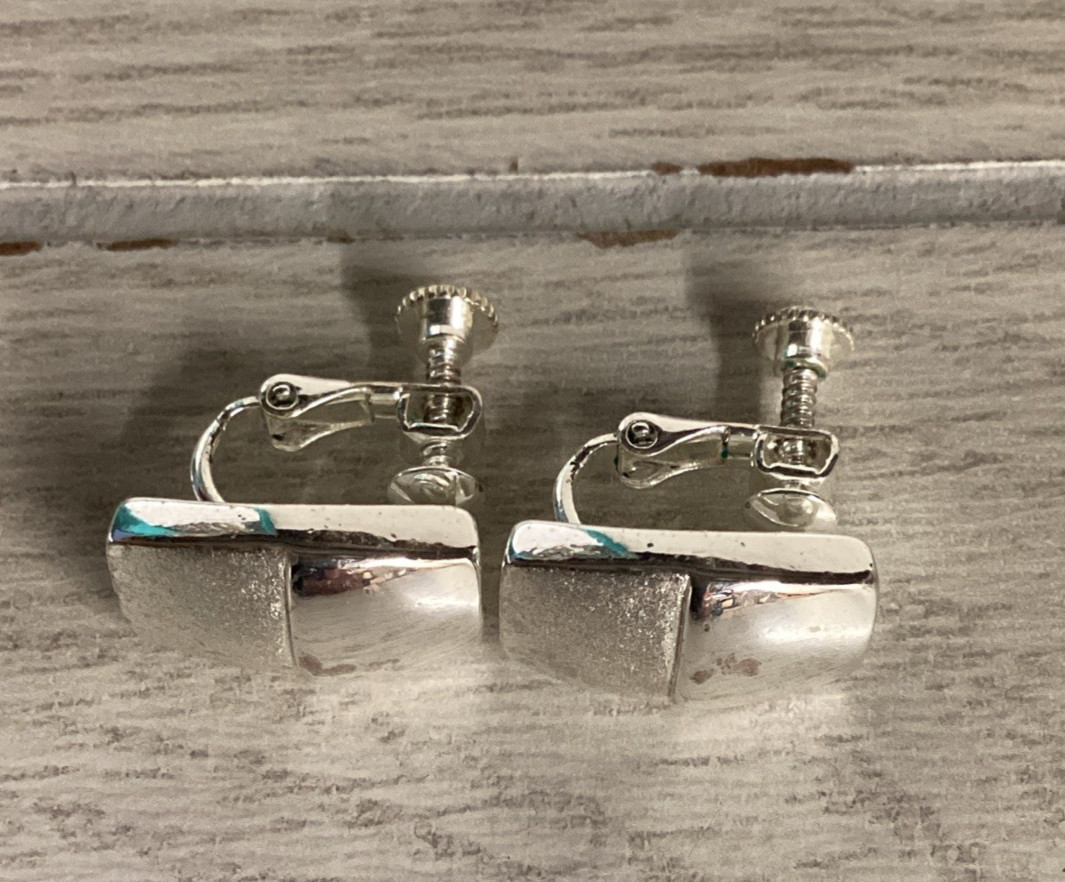 Silvertone Clip On Earrings Rectangle Textured Vintage