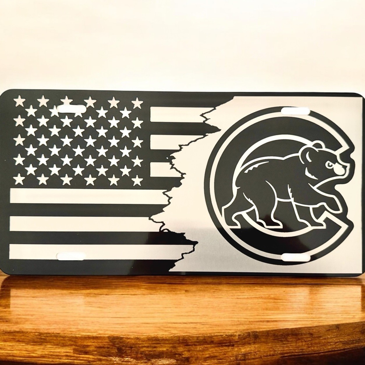 Chicago Cubs With Flag Baseball Aluminum Laser Engraved Front License Plate!