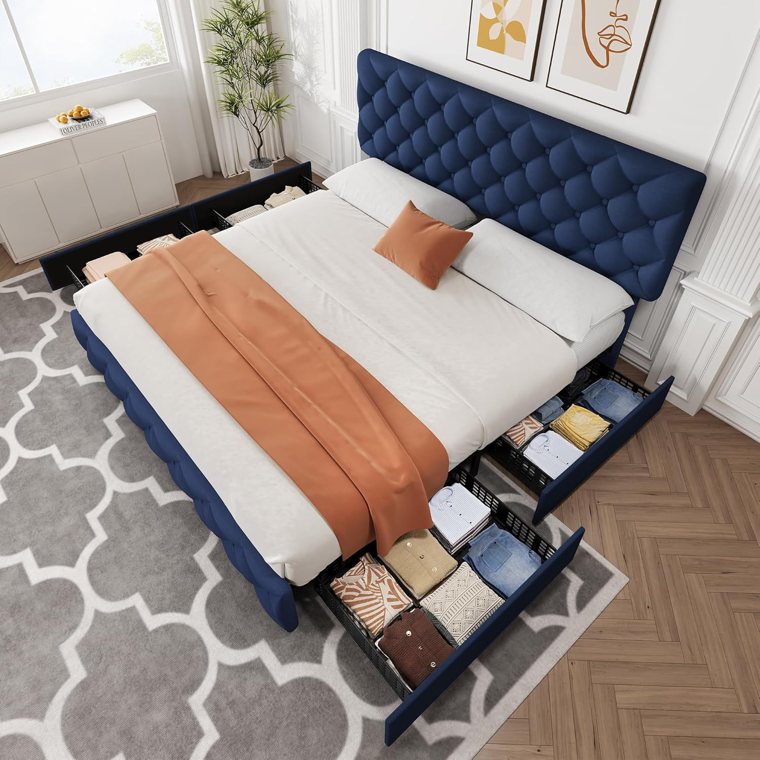 Stylish King Size Bed Frame with Storage Drawers & Adjustable Headboard - Blue