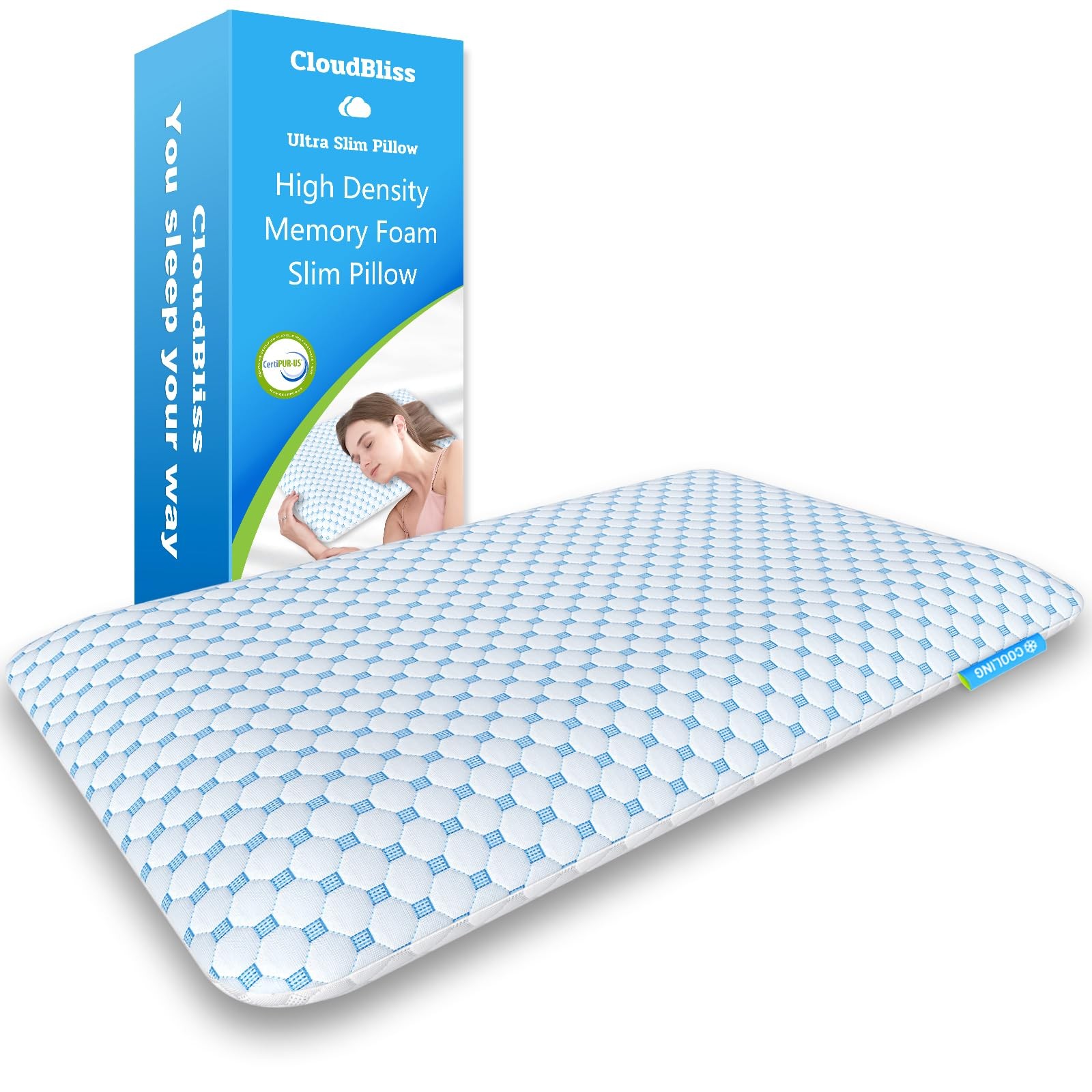 CloudBliss Thin Memory Foam Pillows, Reversible Design, 2.75", Queen