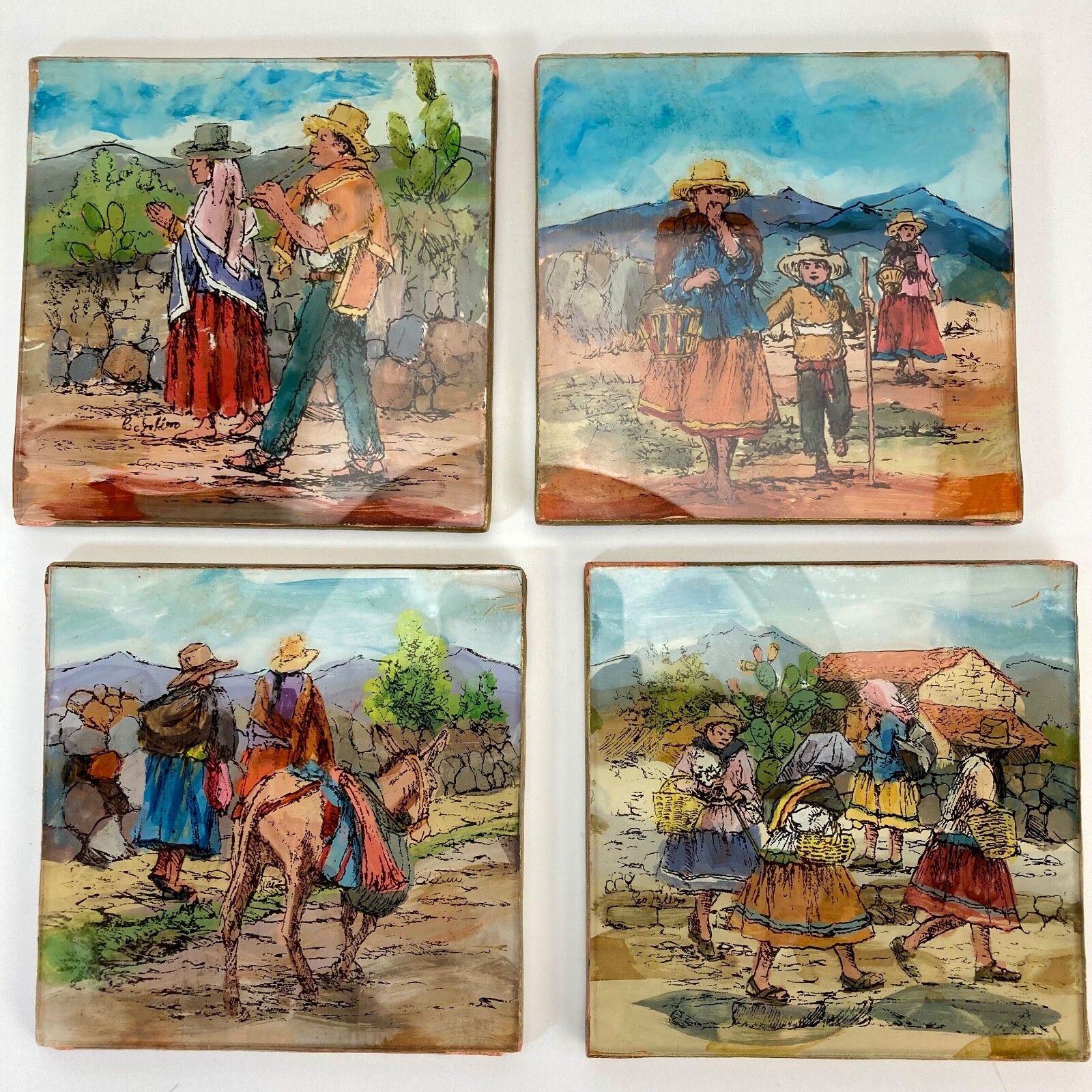 Coaster Set Peru 1970s Andean Folk Art Reverse Painted Glass Vintage Signed