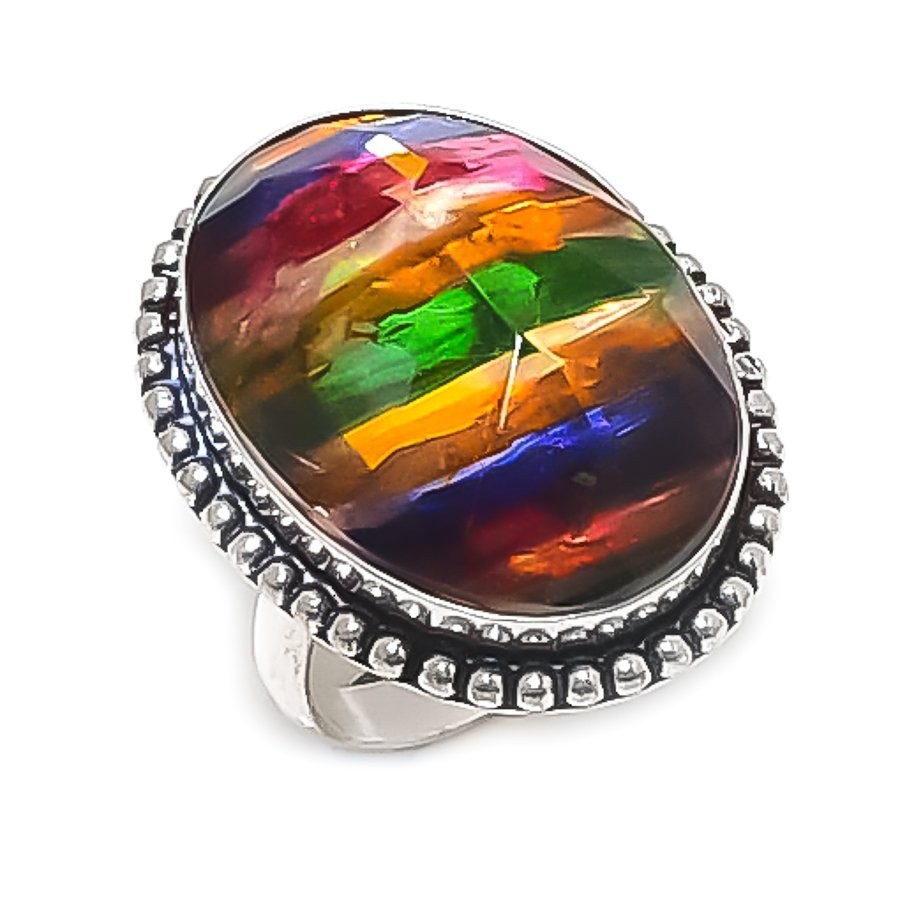 Natural Ammolite Gemstone Handmade 925 Sterling Silver Jewelry Ring Size 9 W324