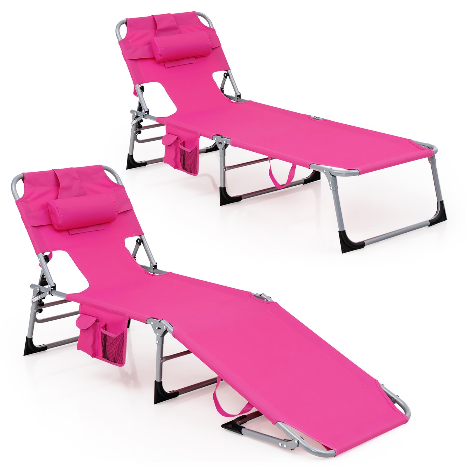 Set of 2 Beach Chaise Lounge Chair Folding Reclining Chair w/ Facing Hole Pink