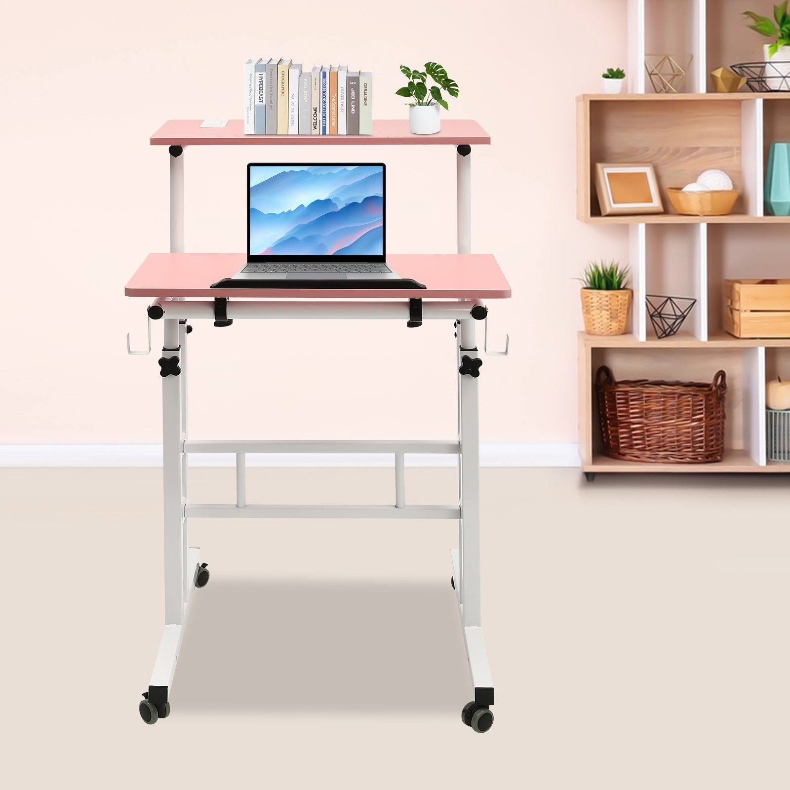 Mobile Adjustable Standing Desk with Dual Desktop for Home & Office