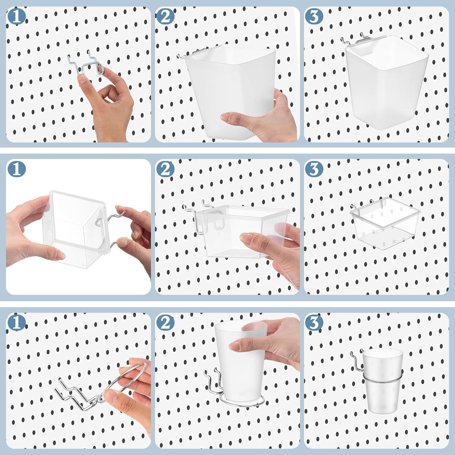 12 Pcs Pegboard Bins Pegboard Cups with Hooks and Loops Peg Assortment Organizer