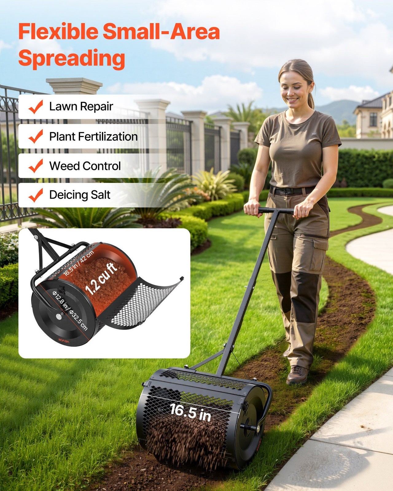 Compost Spreader 16.5in Wide, Steel Drum, 3-Height Adjustable T-Handle, Black