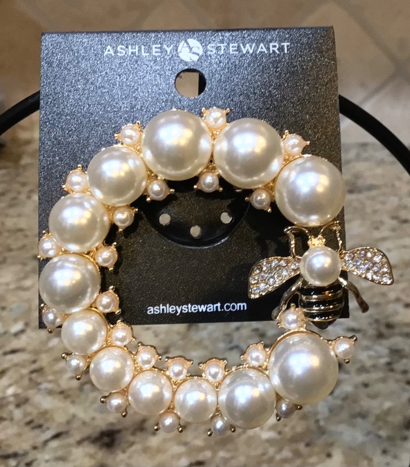 Ashley Stewart Round Faux Pearl & Rhinestone Pearl Enamel Bee Brooch Pin