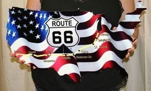 American Flag Route 66 Map Metal Sign 24x14 inches