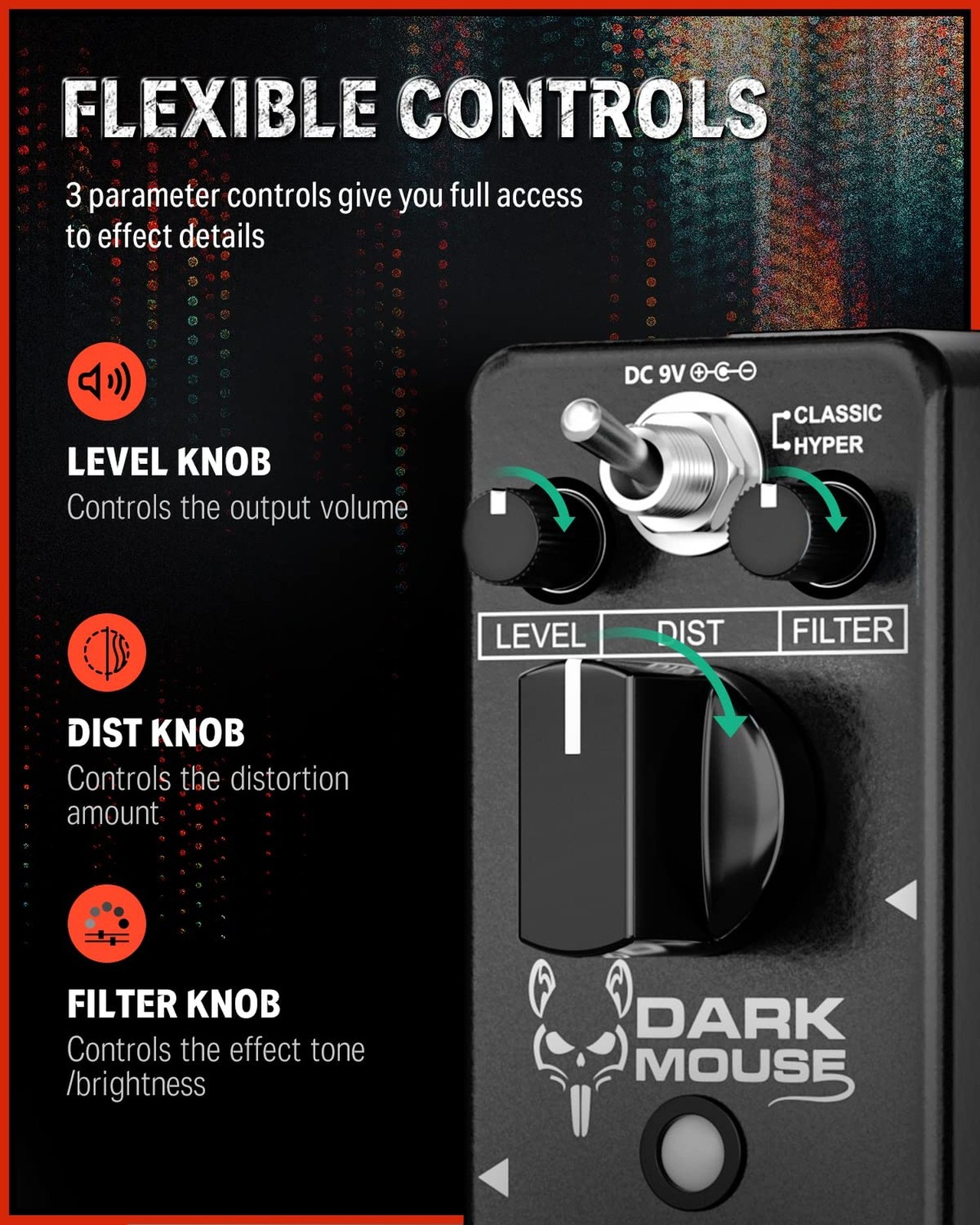 Donner Dark Mouse Distortion Pedal for Electric Guitar, 2 Modes Classic Hyper...