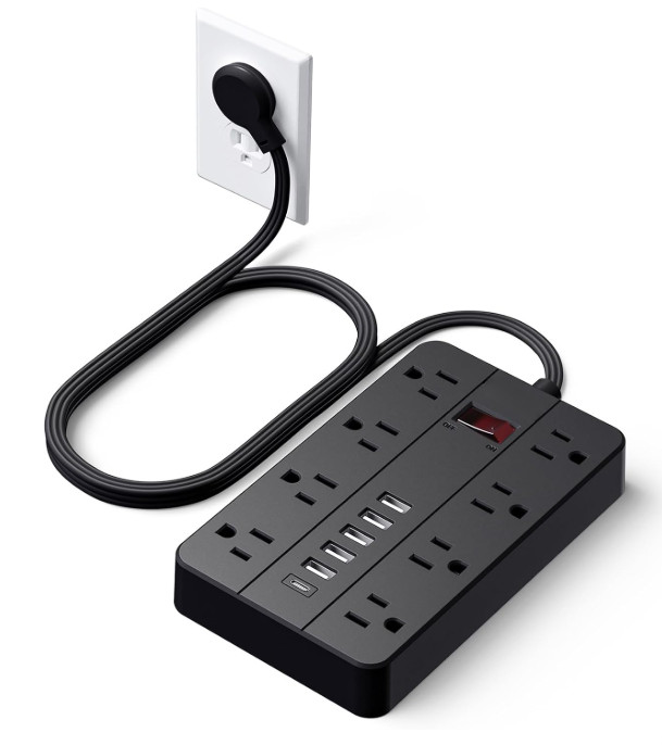 Regleta 8 Tomas con 6 USB y USB-C Cable 5FT Enchufe Plano Negro, Nuevo