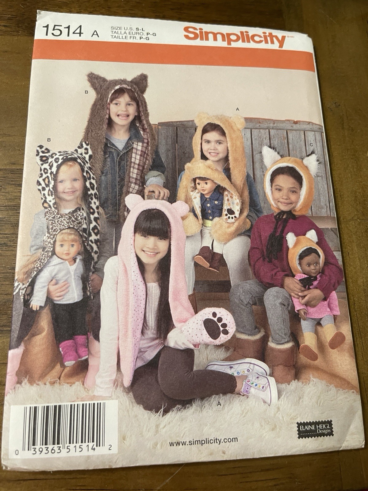 Simplicity Pattern 1514 Child's Animal Hats & 18" Doll Animal Hats~ 3 Styles SML