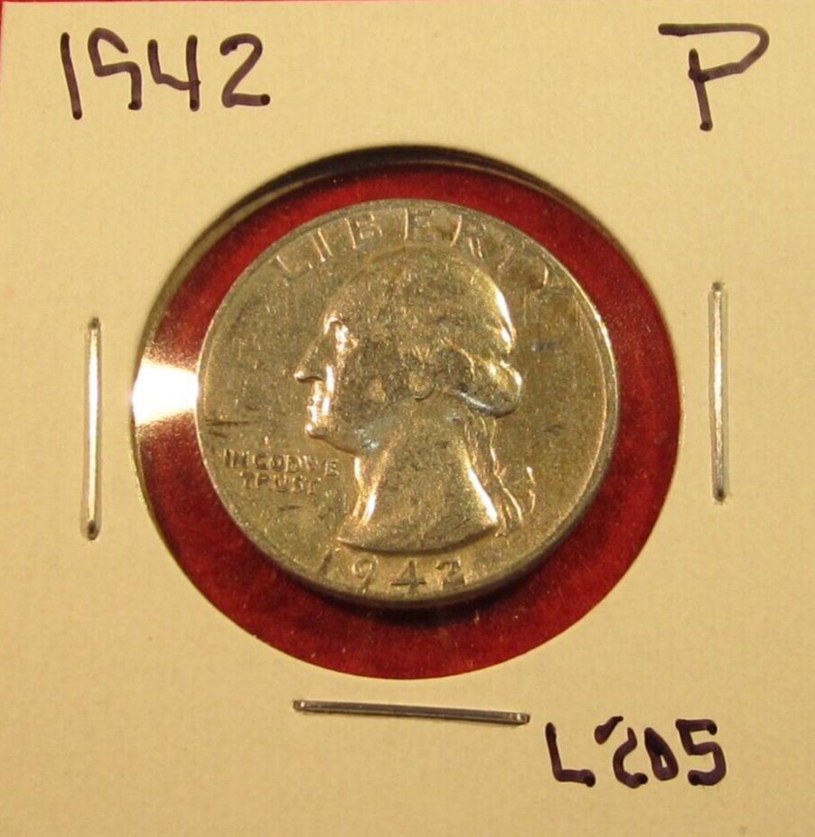 1942 P Washington Quarter - Circulated - 90% Silver - Actual Coin L205