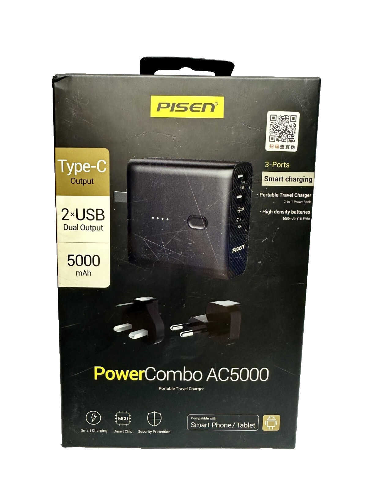 2 in 1 5000mAh Power Bank w/ AC Wall Plug, 2 USB-A,1 USB-C ,Travel Charger