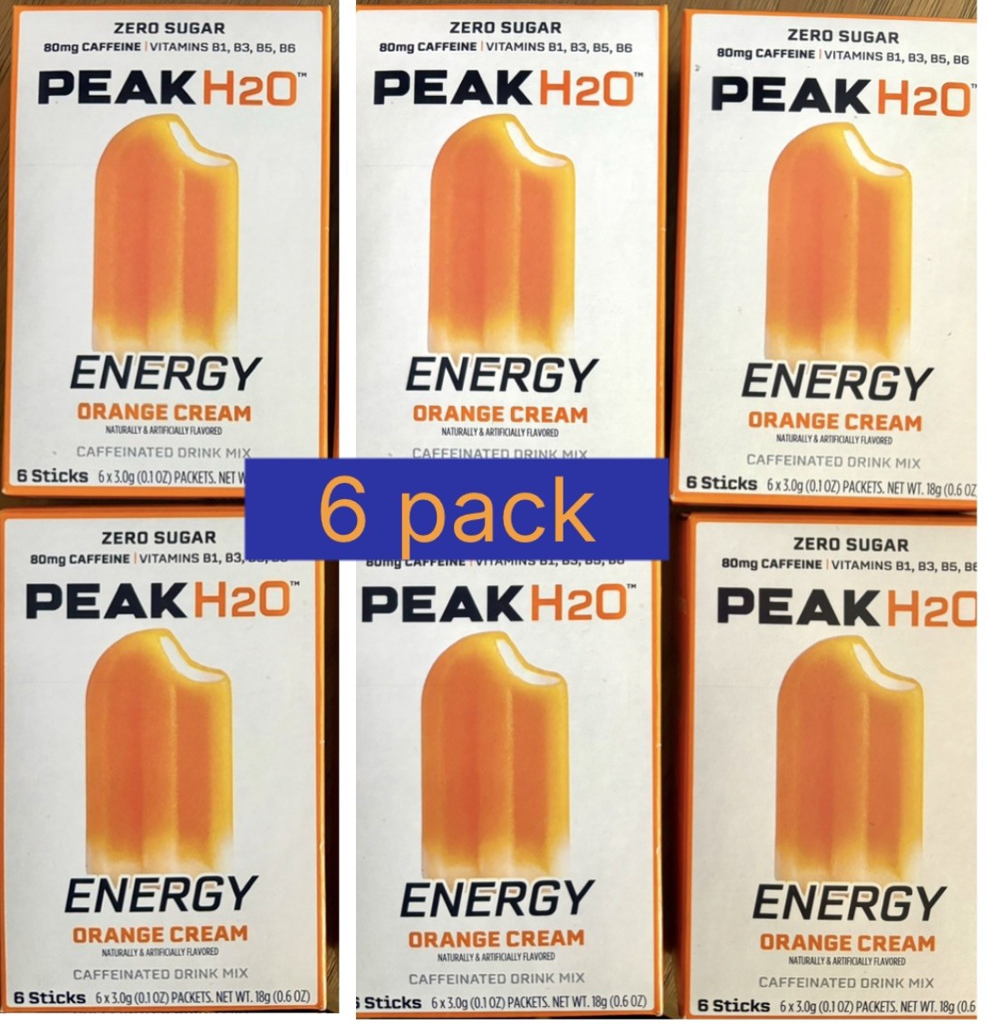 Lot Of 6 Peak H2O Energy orange cream Drink mix caffeine 36 Sticks 0 Sugar BB 28