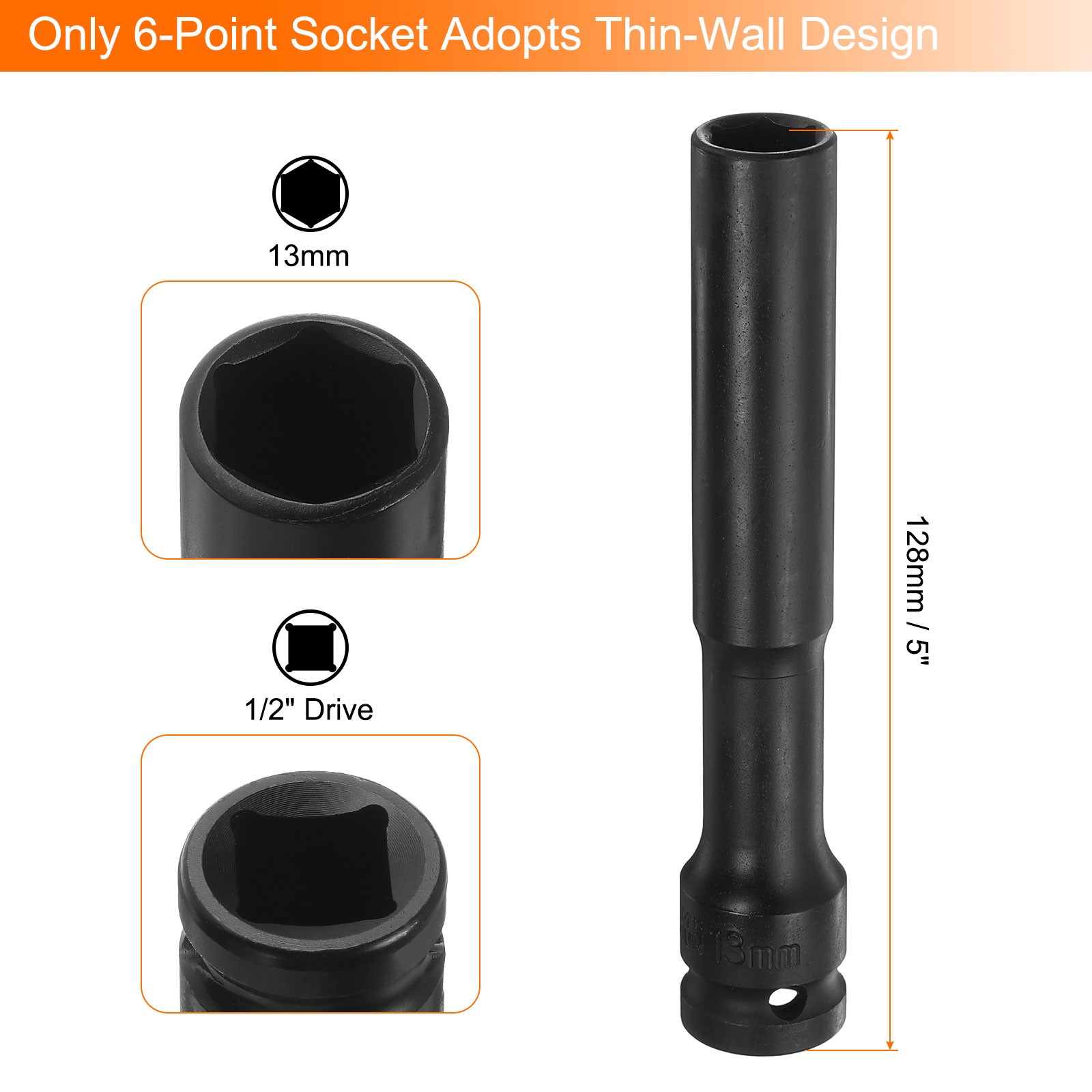 2pcs Thin Wall 6 Point Impact Socket 13mm Socket 1/2" Drive 5" Long CR-V Steel