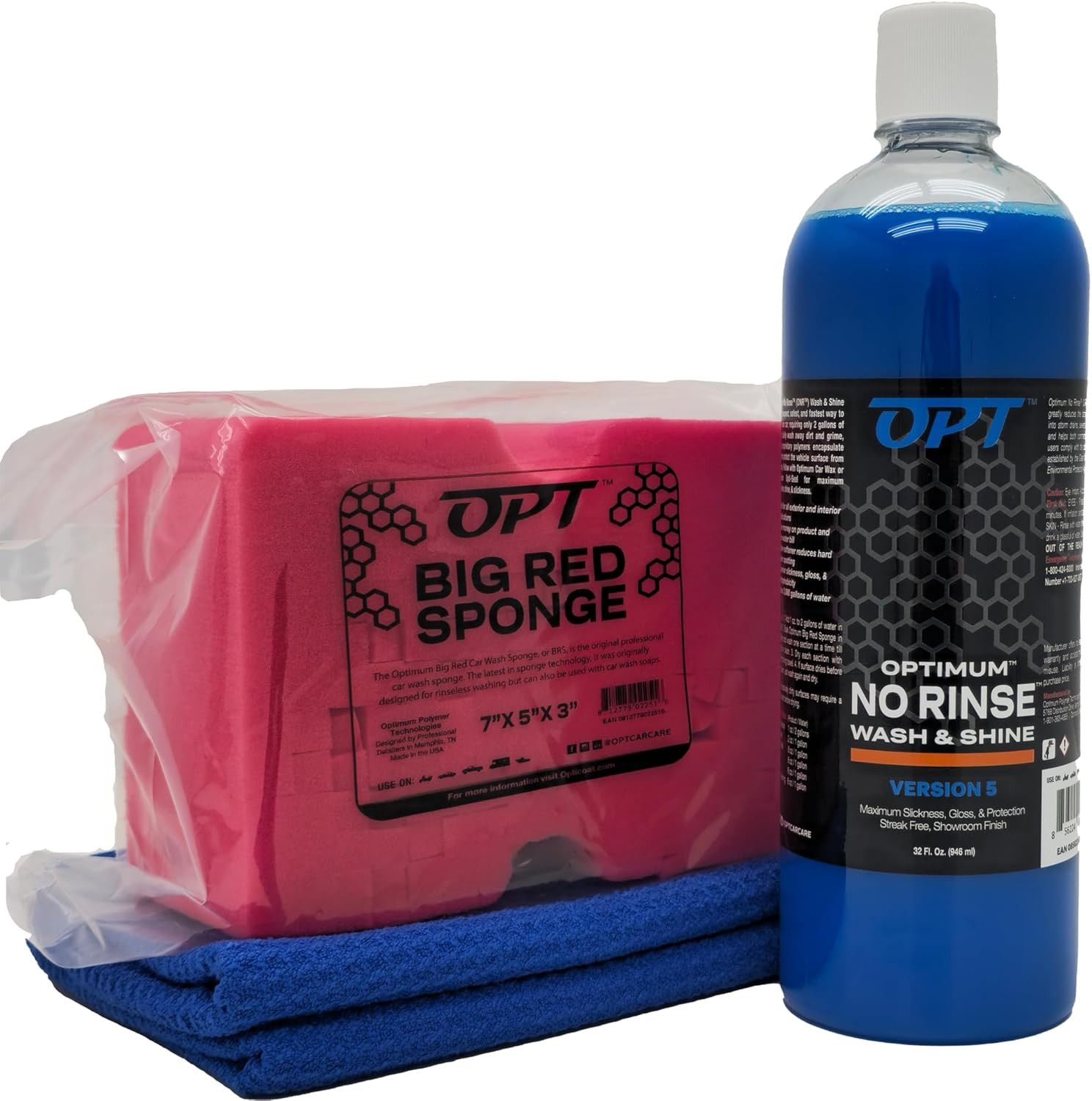 Optimum No Rinse Version 5 (32 Oz), Microfiber Drying Towel, and Big Red Sponge