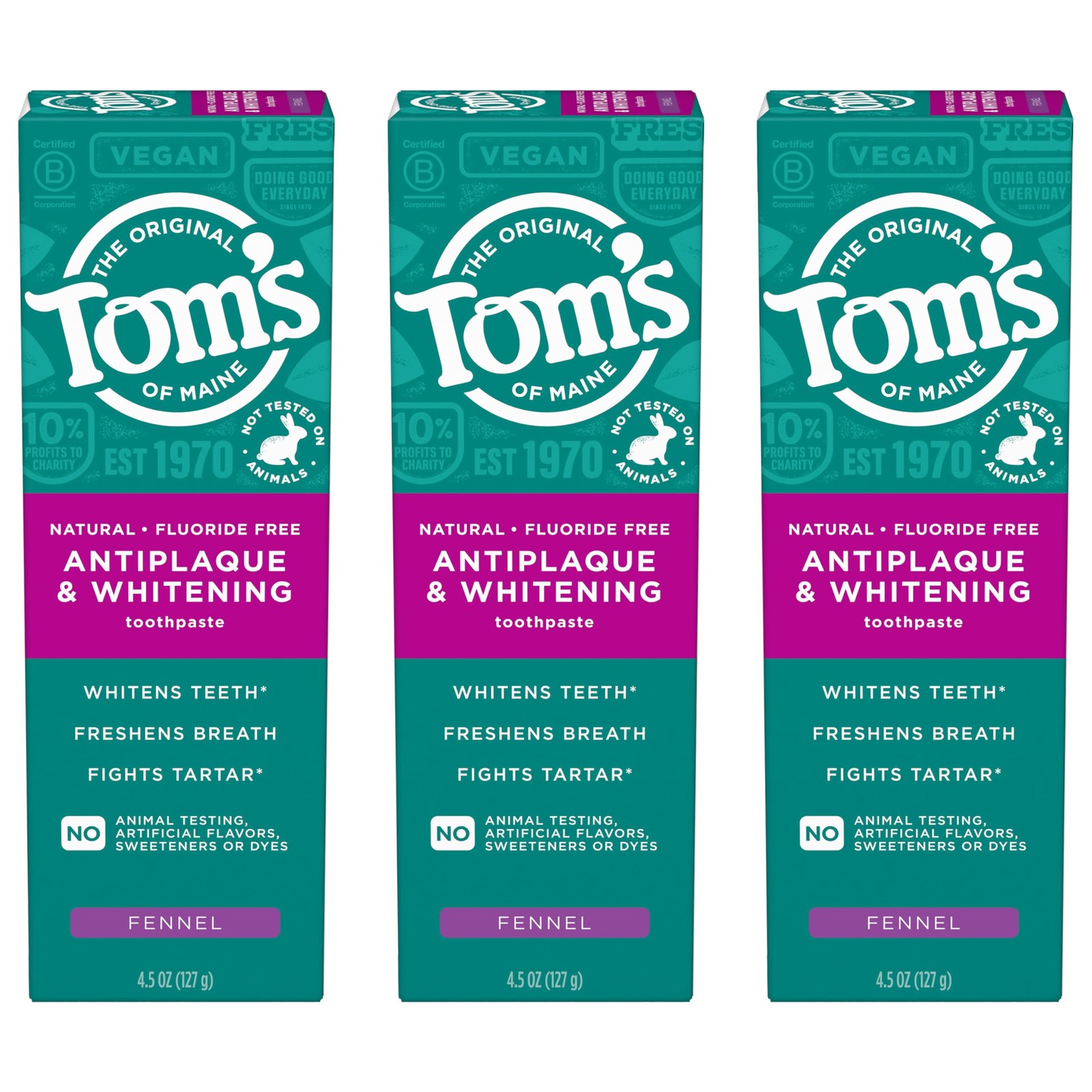 Tom's of Maine Antiplaque and Whitening Toothpaste, Fluoride Free, Fennel, 3