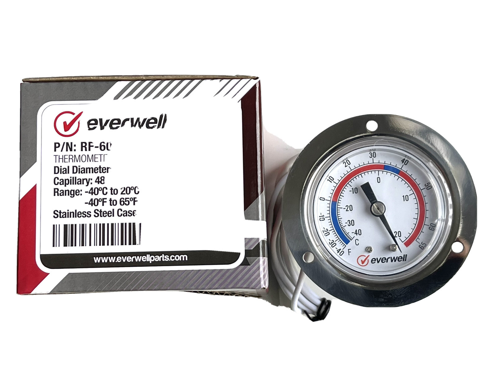 Vapor Capillary Flanged Panel Mount Refrigeration Thermometer, 48" Capillary