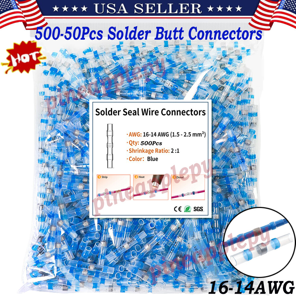 500/50Pcs Heat Shrink Solder Seal Sleeve Butt Wire Terminals Connectors 16-14AWG