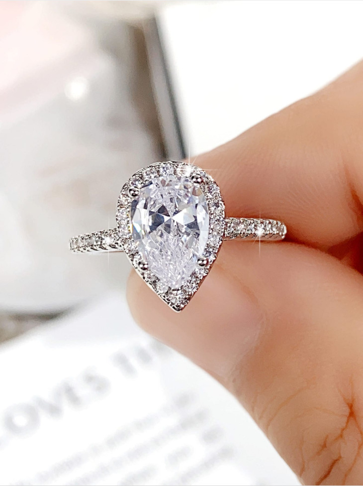 Pear Cut CZ Ring Women Engagement Wedding Promise Halo Teardrop Valentine Gift