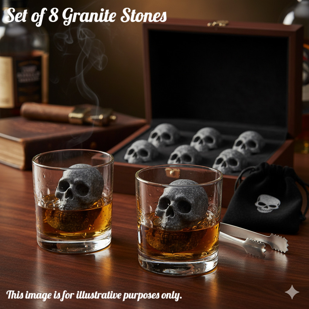 Skull Whiskey Stones Granite Chilling Rocks Ice Cubes Grey Drinks Gift Set 8pc