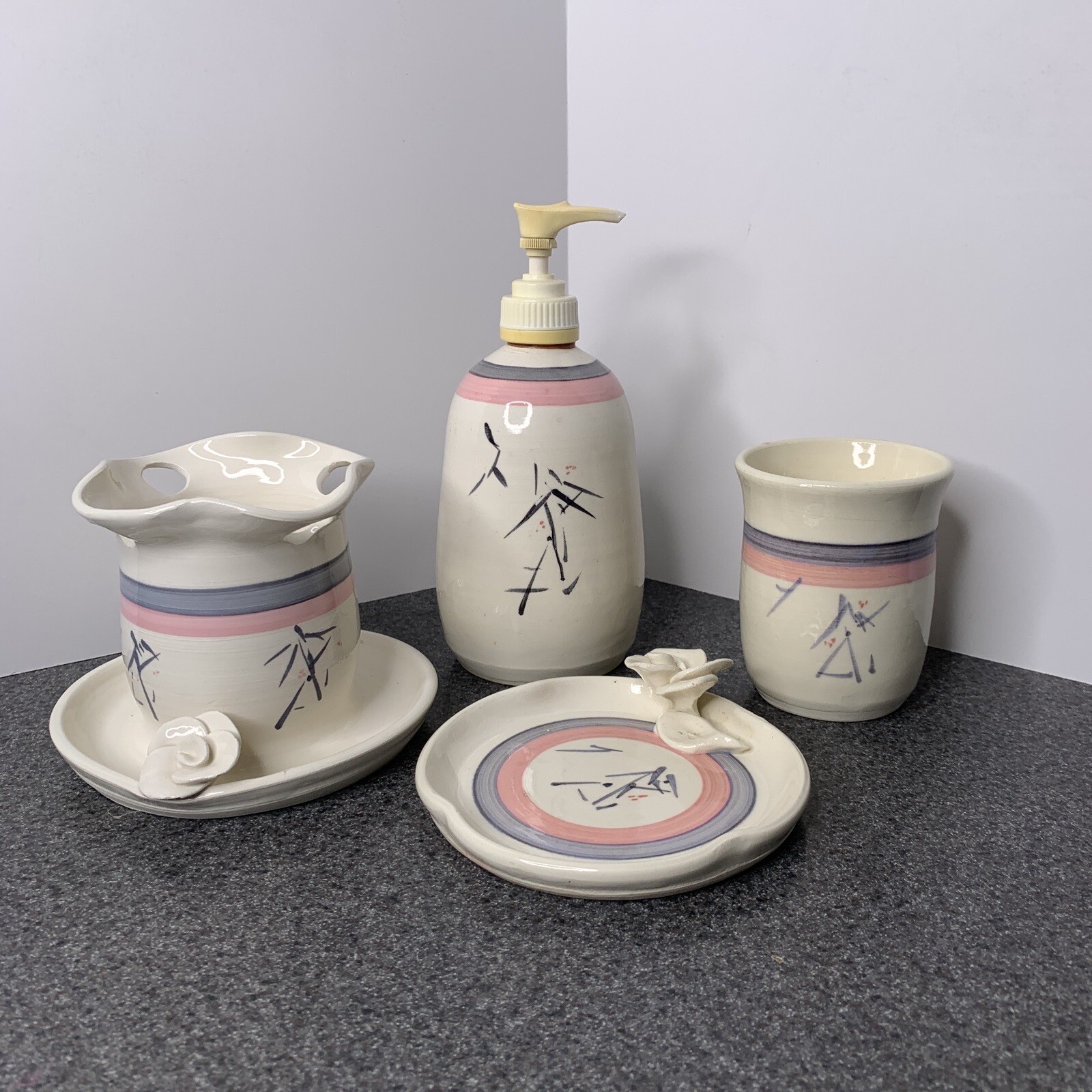 Francine Zajac Pottery Bathroom Set Toothbrush Holder Soap Dispenser Cup & Tray