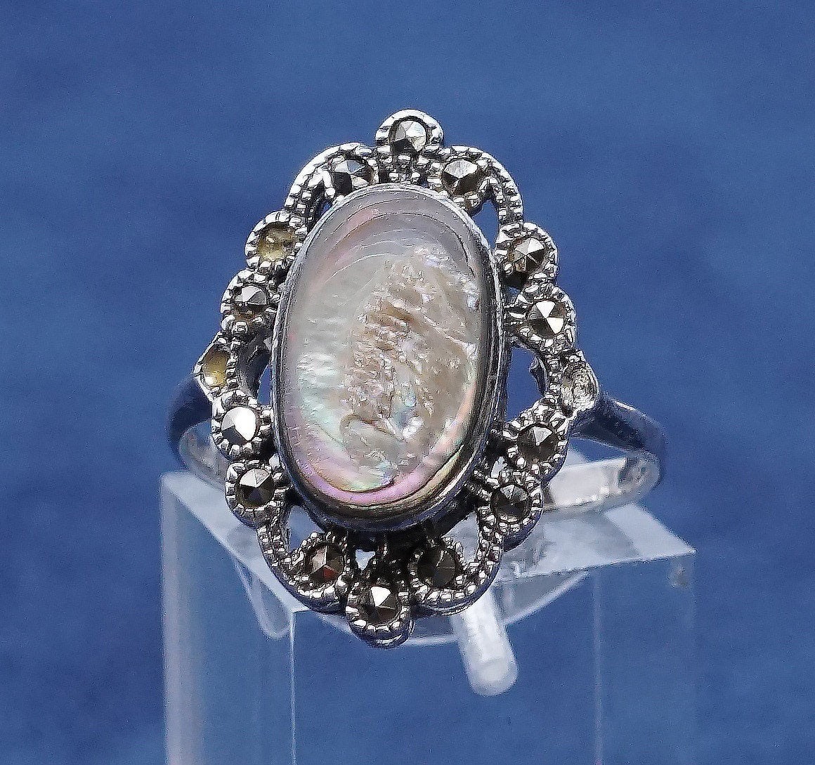 sz 9.25, sterling silver handmade ring, southwestern 925 w/ abalone N marcasite