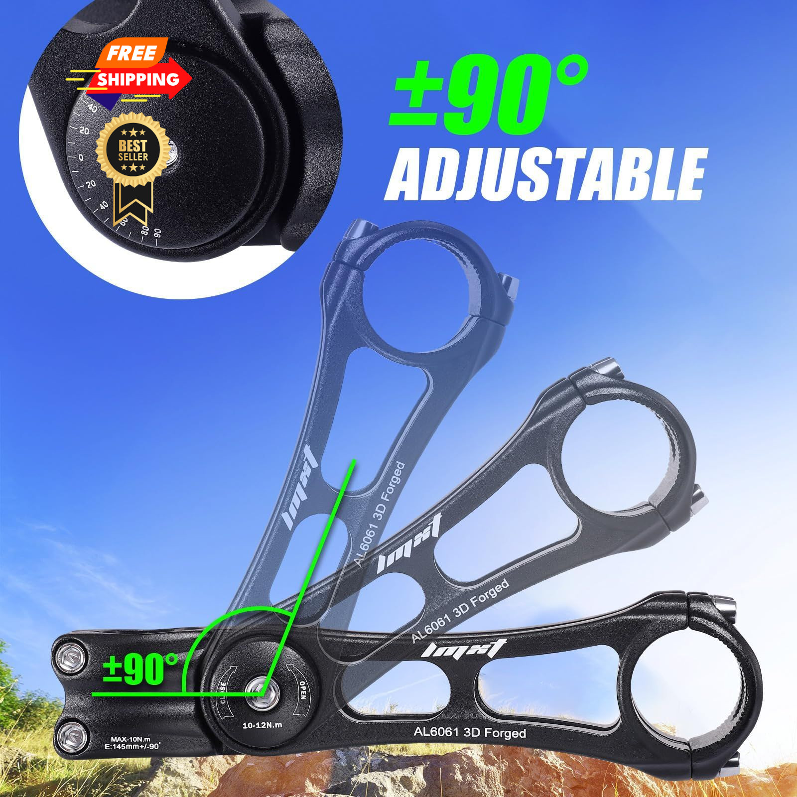 Bike Stem Riser & Adjustable Set, 31.8mm Handlebar Angle Medium, black