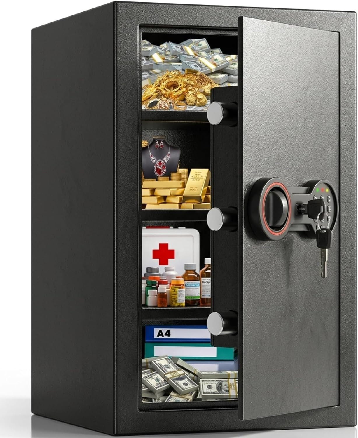 [23.6" Tall] Large Safe Box with LED Light, Anti-Theft Home Safe with Digital Ke